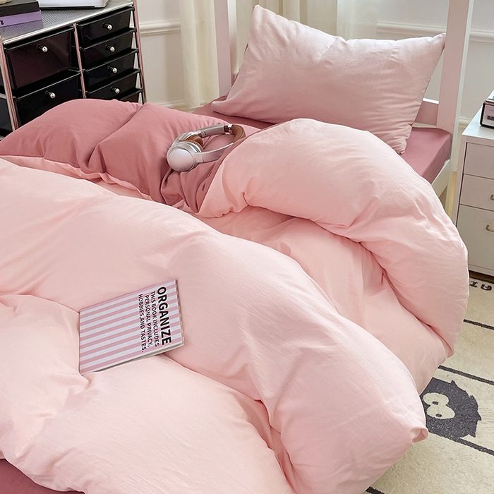 91家纺网 家纺一手货源 找家纺 梦卓家纺 2025新款学生宿舍上下铺纯色水洗棉三件套 水粉藕粉