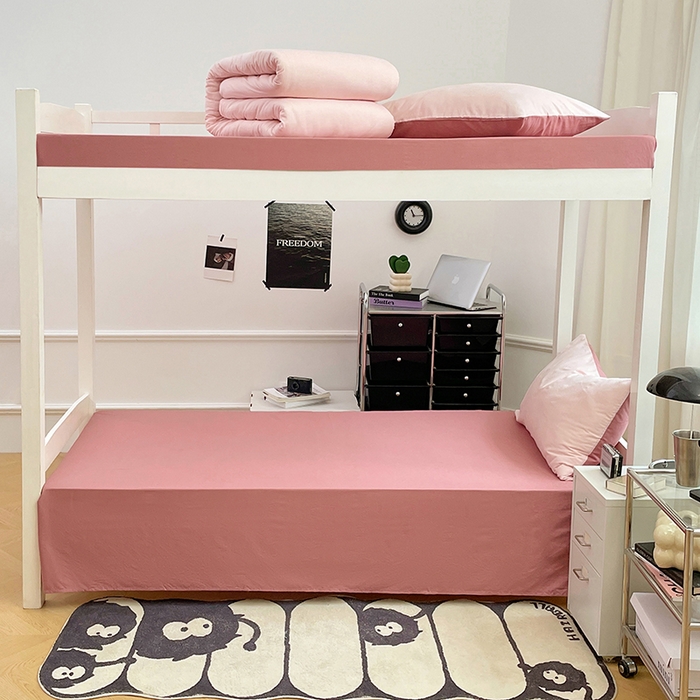 91家纺网 家纺一手货源 找家纺 梦卓家纺 2025新款学生宿舍上下铺纯色水洗棉三件套 水粉藕粉