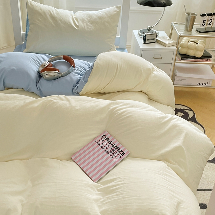 91家纺网 家纺一手货源 找家纺 梦卓家纺 2025新款学生宿舍上下铺纯色水洗棉三件套 天蓝椰冰