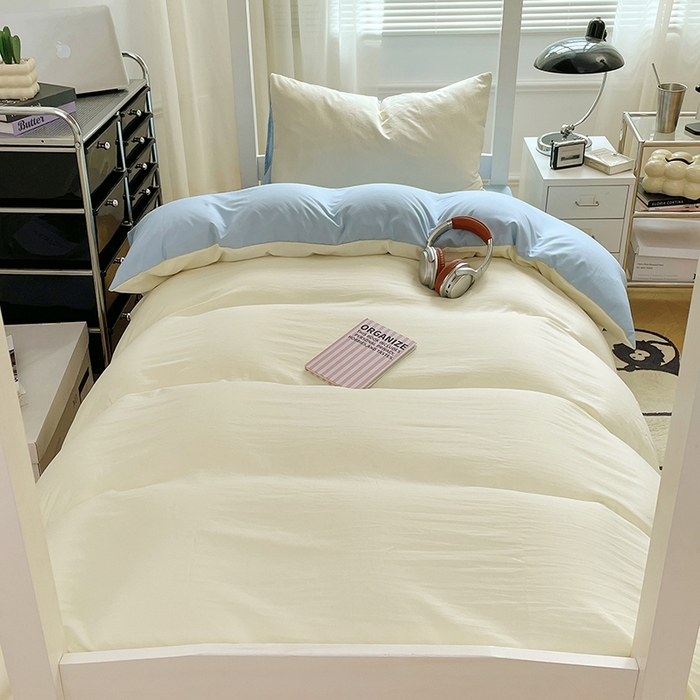 91家纺网 家纺一手货源 找家纺 梦卓家纺 2025新款学生宿舍上下铺纯色水洗棉三件套 天蓝椰冰