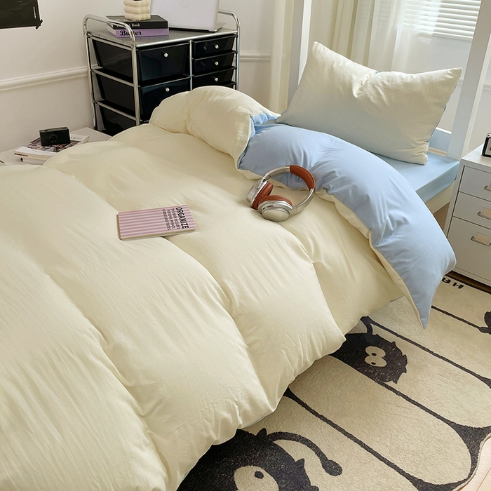 91家纺网 家纺一手货源 找家纺 梦卓家纺 2025新款学生宿舍上下铺纯色水洗棉三件套 天蓝椰冰