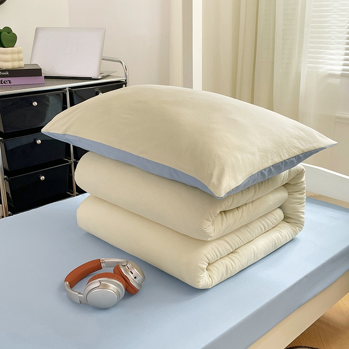 91家纺网 家纺一手货源 找家纺 梦卓家纺 2025新款学生宿舍上下铺纯色水洗棉三件套 天蓝椰冰