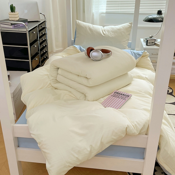 91家纺网 家纺一手货源 找家纺 梦卓家纺 2025新款学生宿舍上下铺纯色水洗棉三件套 天蓝椰冰