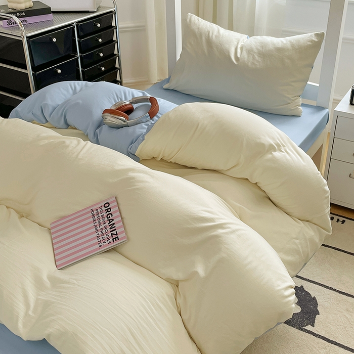 91家纺网 家纺一手货源 找家纺 梦卓家纺 2025新款学生宿舍上下铺纯色水洗棉三件套 天蓝椰冰