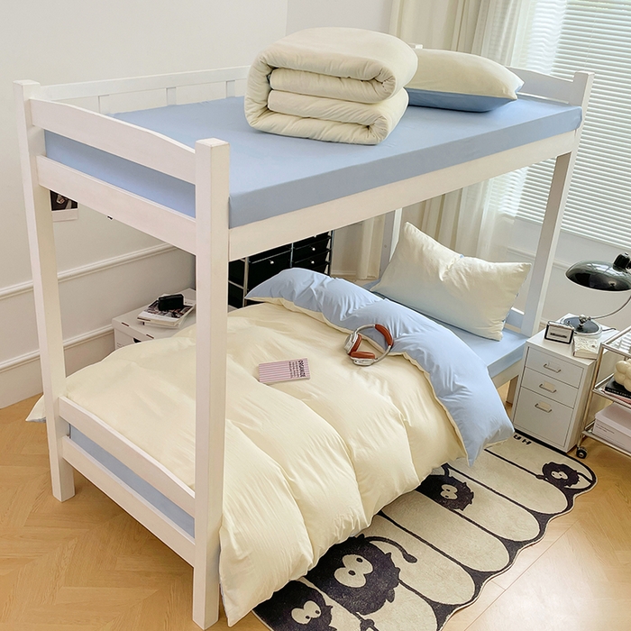 91家纺网 家纺一手货源 找家纺 梦卓家纺 2025新款学生宿舍上下铺纯色水洗棉三件套 天蓝椰冰