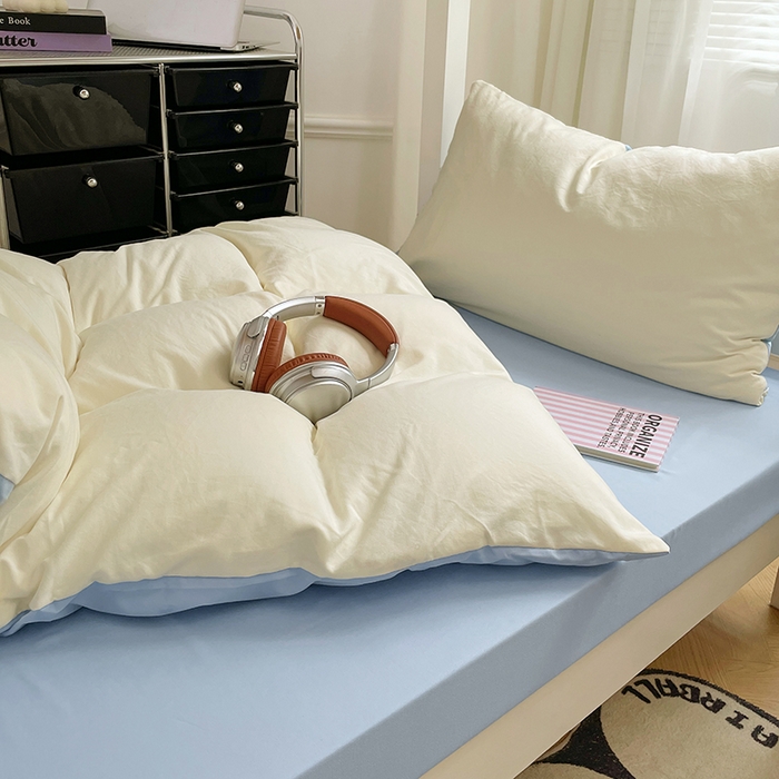 91家纺网 家纺一手货源 找家纺 梦卓家纺 2025新款学生宿舍上下铺纯色水洗棉三件套 天蓝椰冰