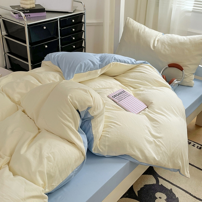 91家纺网 家纺一手货源 找家纺 梦卓家纺 2025新款学生宿舍上下铺纯色水洗棉三件套 天蓝椰冰