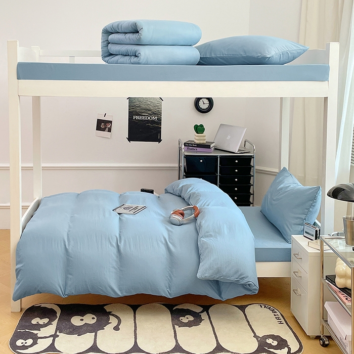 91家纺网 家纺一手货源 找家纺 梦卓家纺 2025新款学生宿舍上下铺纯色水洗棉三件套 雾霾蓝