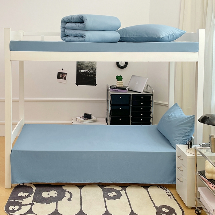 91家纺网 家纺一手货源 找家纺 梦卓家纺 2025新款学生宿舍上下铺纯色水洗棉三件套 雾霾蓝