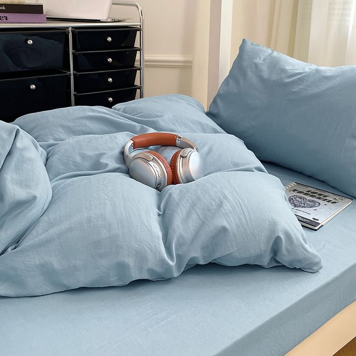 91家纺网 家纺一手货源 找家纺 梦卓家纺 2025新款学生宿舍上下铺纯色水洗棉三件套 雾霾蓝