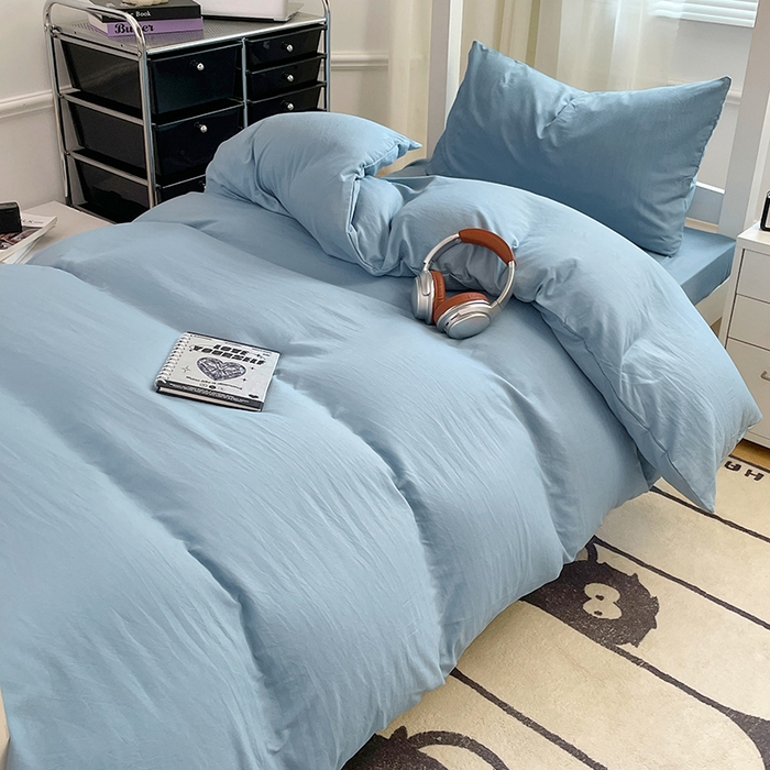 91家纺网 家纺一手货源 找家纺 梦卓家纺 2025新款学生宿舍上下铺纯色水洗棉三件套 雾霾蓝