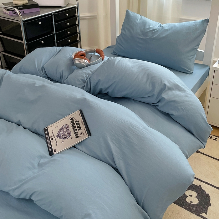 91家纺网 家纺一手货源 找家纺 梦卓家纺 2025新款学生宿舍上下铺纯色水洗棉三件套 雾霾蓝