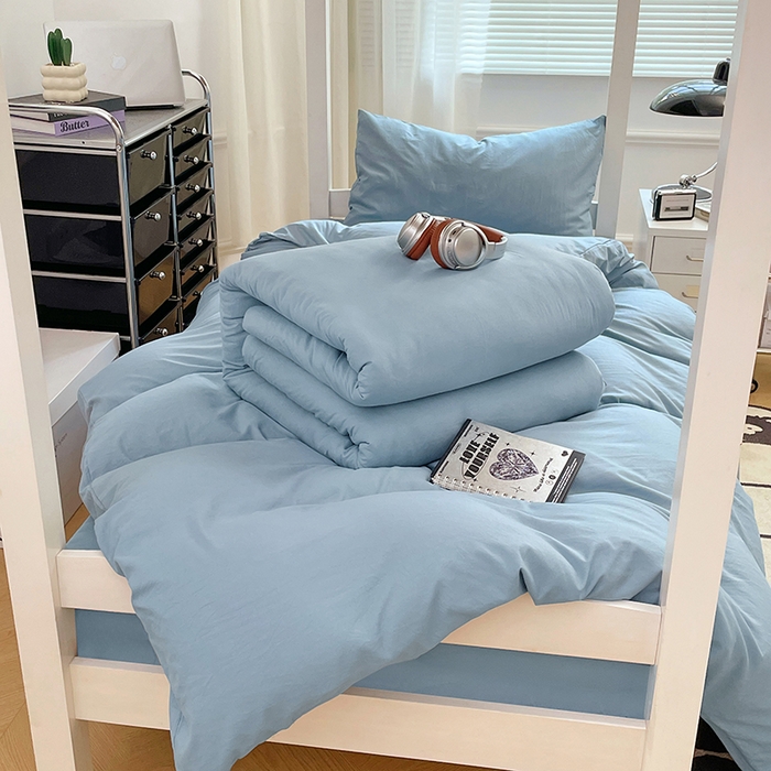 91家纺网 家纺一手货源 找家纺 梦卓家纺 2025新款学生宿舍上下铺纯色水洗棉三件套 雾霾蓝