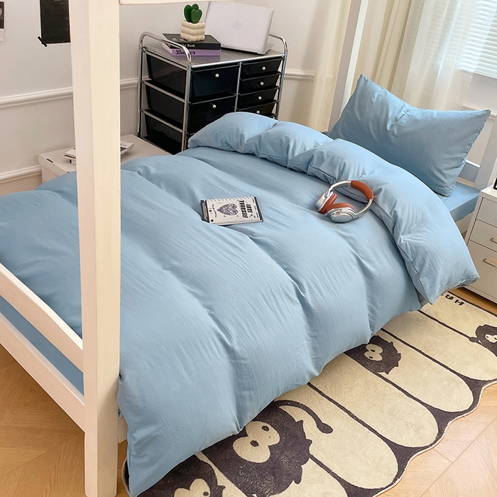 91家纺网 家纺一手货源 找家纺 梦卓家纺 2025新款学生宿舍上下铺纯色水洗棉三件套 雾霾蓝