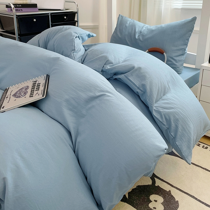 91家纺网 家纺一手货源 找家纺 梦卓家纺 2025新款学生宿舍上下铺纯色水洗棉三件套 雾霾蓝