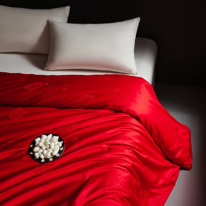 91家纺网 家纺一手货源 找家纺 金同成 2025新款婚庆被冬被子母被春秋被四季被60支全棉龙凤喜字提花蚕丝被 喜庆红