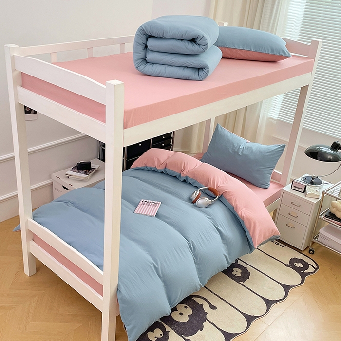 91家纺网 家纺一手货源 找家纺 梦卓家纺 2025新款学生宿舍上下铺纯色水洗棉三件套 雾霾蓝豆沙