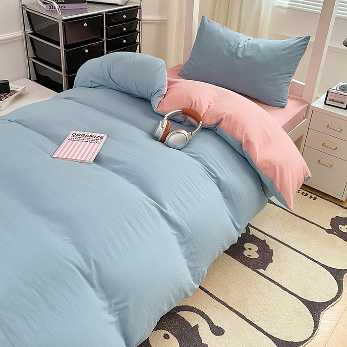 91家纺网 家纺一手货源 找家纺 梦卓家纺 2025新款学生宿舍上下铺纯色水洗棉三件套 雾霾蓝豆沙