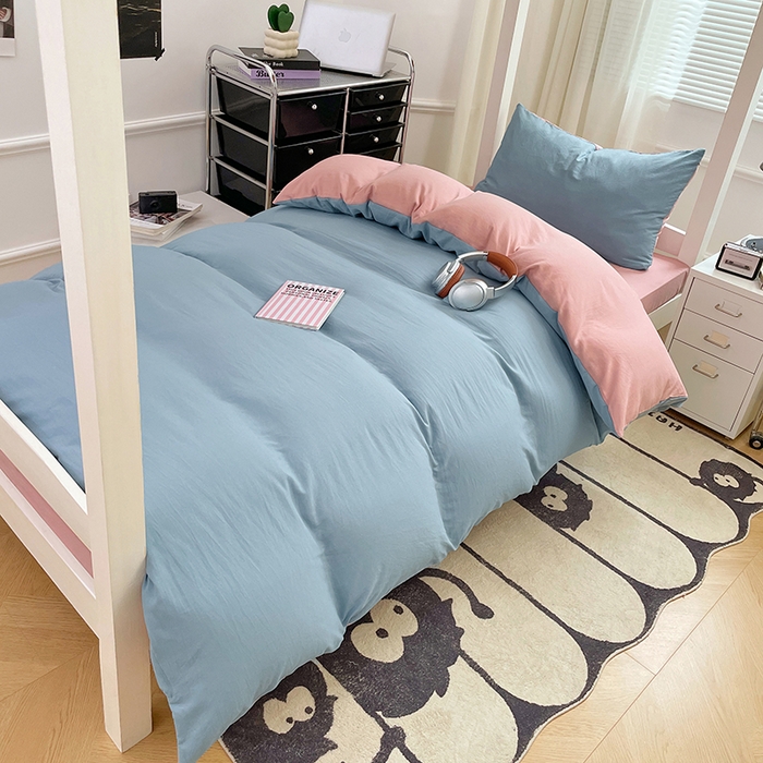 91家纺网 家纺一手货源 找家纺 梦卓家纺 2025新款学生宿舍上下铺纯色水洗棉三件套 雾霾蓝豆沙