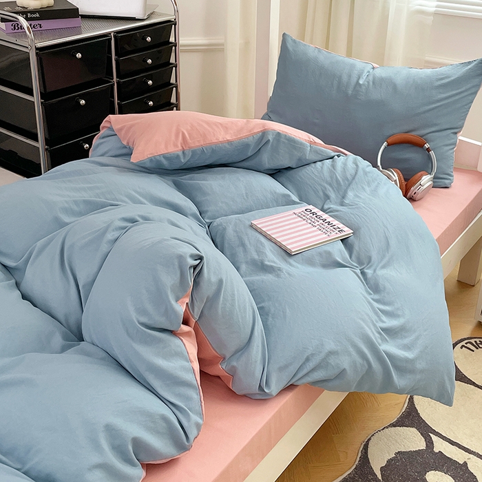 91家纺网 家纺一手货源 找家纺 梦卓家纺 2025新款学生宿舍上下铺纯色水洗棉三件套 雾霾蓝豆沙