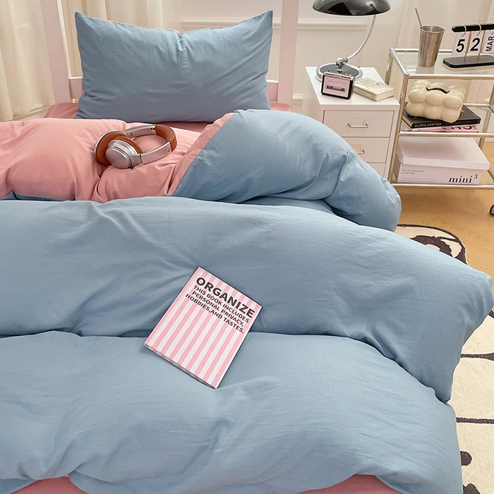91家纺网 家纺一手货源 找家纺 梦卓家纺 2025新款学生宿舍上下铺纯色水洗棉三件套 雾霾蓝豆沙