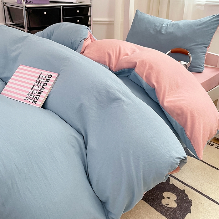 91家纺网 家纺一手货源 找家纺 梦卓家纺 2025新款学生宿舍上下铺纯色水洗棉三件套 雾霾蓝豆沙