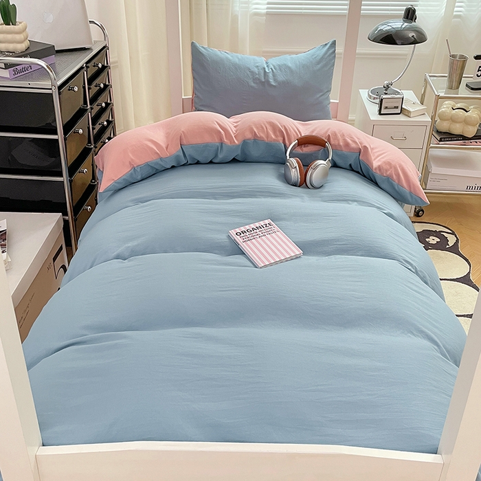 91家纺网 家纺一手货源 找家纺 梦卓家纺 2025新款学生宿舍上下铺纯色水洗棉三件套 雾霾蓝豆沙