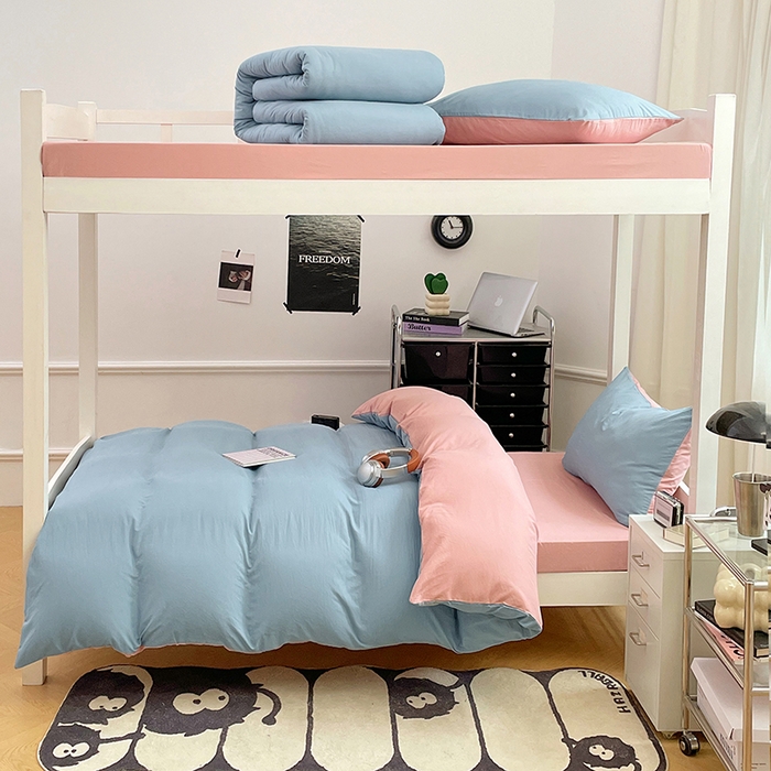 91家纺网 家纺一手货源 找家纺 梦卓家纺 2025新款学生宿舍上下铺纯色水洗棉三件套 雾霾蓝豆沙