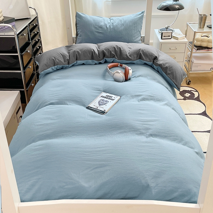 91家纺网 家纺一手货源 找家纺 梦卓家纺 2025新款学生宿舍上下铺纯色水洗棉三件套 雾霾蓝深灰