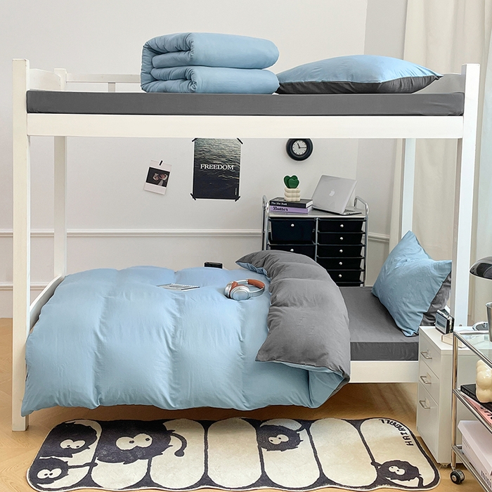 91家纺网 家纺一手货源 找家纺 梦卓家纺 2025新款学生宿舍上下铺纯色水洗棉三件套 雾霾蓝深灰