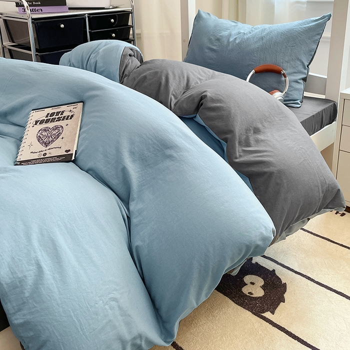 91家纺网 家纺一手货源 找家纺 梦卓家纺 2025新款学生宿舍上下铺纯色水洗棉三件套 雾霾蓝深灰