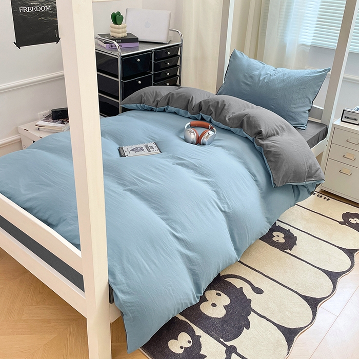 91家纺网 家纺一手货源 找家纺 梦卓家纺 2025新款学生宿舍上下铺纯色水洗棉三件套 雾霾蓝深灰