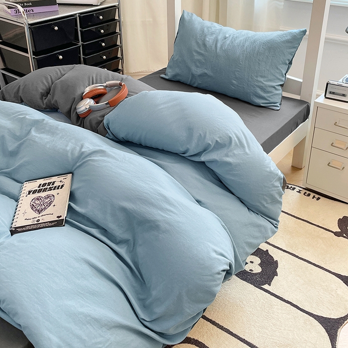 91家纺网 家纺一手货源 找家纺 梦卓家纺 2025新款学生宿舍上下铺纯色水洗棉三件套 雾霾蓝深灰
