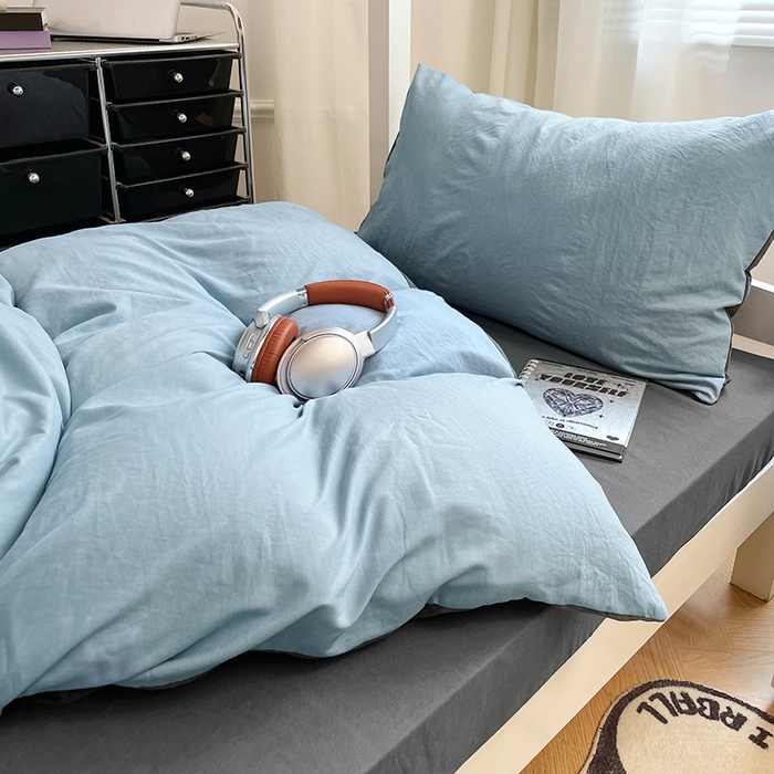 91家纺网 家纺一手货源 找家纺 梦卓家纺 2025新款学生宿舍上下铺纯色水洗棉三件套 雾霾蓝深灰