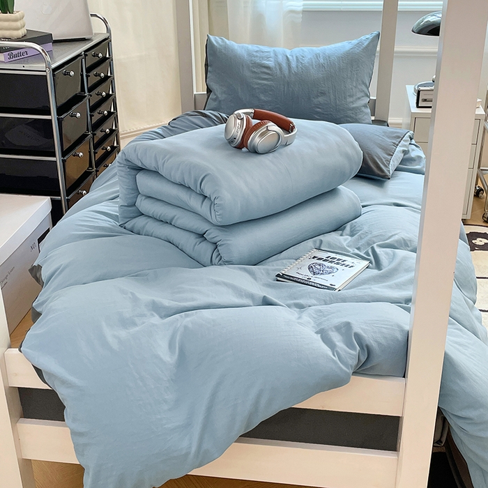 91家纺网 家纺一手货源 找家纺 梦卓家纺 2025新款学生宿舍上下铺纯色水洗棉三件套 雾霾蓝深灰
