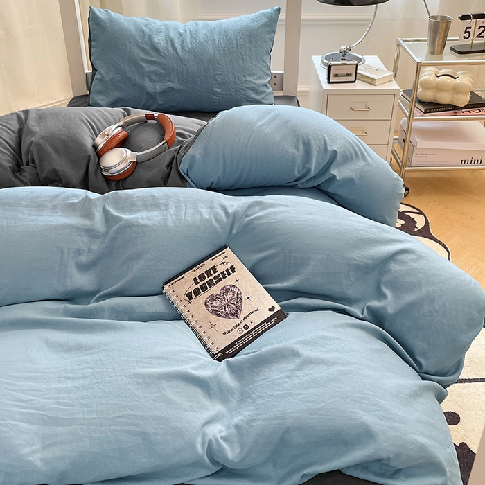91家纺网 家纺一手货源 找家纺 梦卓家纺 2025新款学生宿舍上下铺纯色水洗棉三件套 雾霾蓝深灰