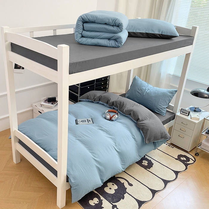 91家纺网 家纺一手货源 找家纺 梦卓家纺 2025新款学生宿舍上下铺纯色水洗棉三件套 雾霾蓝深灰