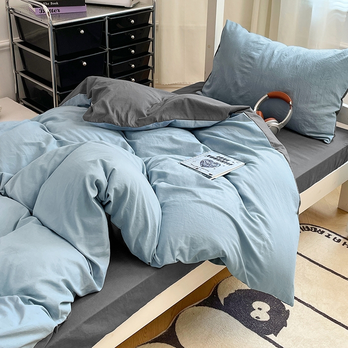 91家纺网 家纺一手货源 找家纺 梦卓家纺 2025新款学生宿舍上下铺纯色水洗棉三件套 雾霾蓝深灰