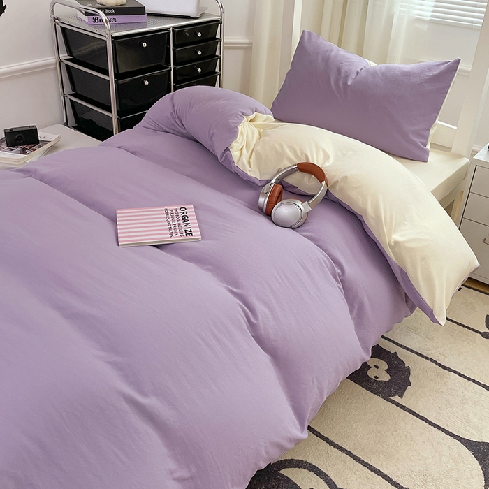 91家纺网 家纺一手货源 找家纺 梦卓家纺 2025新款学生宿舍上下铺纯色水洗棉三件套 芋泥啵啵