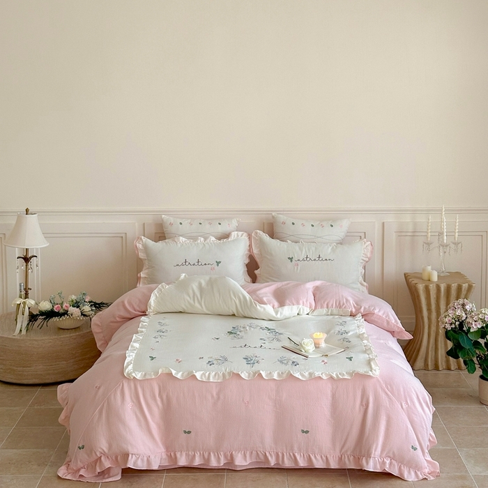 91家纺网 家纺一手货源 找家纺 西西家居 2025新款超柔有氧全棉纯棉双层纱四件套-春日浅樱 春日浅樱-粉