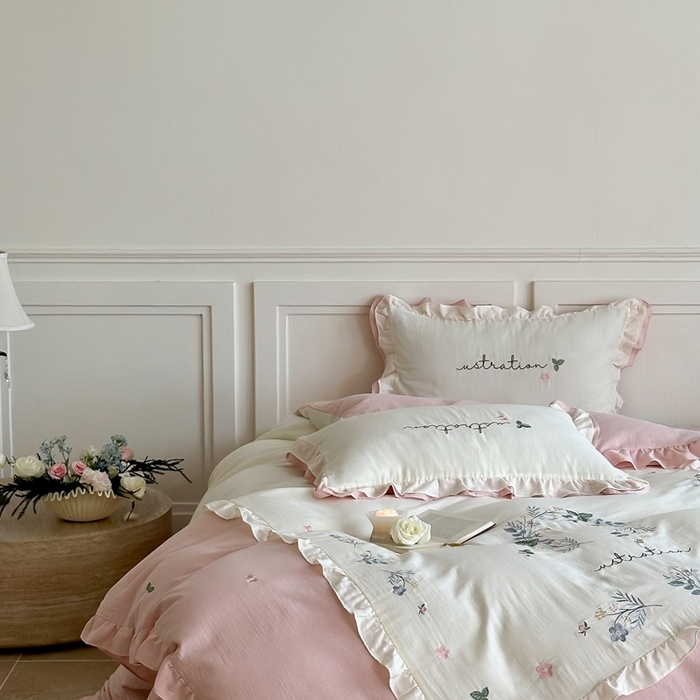 91家纺网 家纺一手货源 找家纺 西西家居 2025新款超柔有氧全棉纯棉双层纱四件套-春日浅樱 春日浅樱-粉