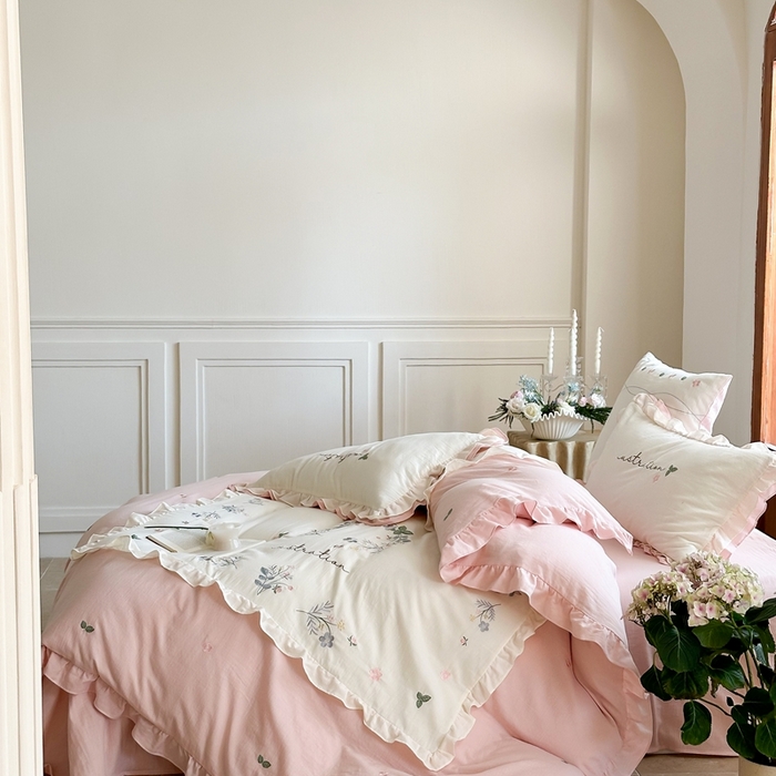 91家纺网 家纺一手货源 找家纺 西西家居 2025新款超柔有氧全棉纯棉双层纱四件套-春日浅樱 春日浅樱-粉