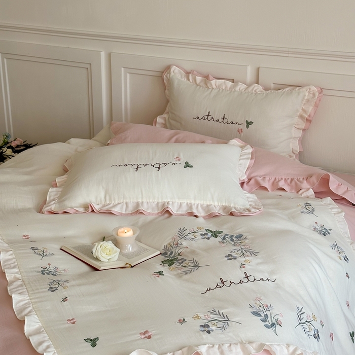 91家纺网 家纺一手货源 找家纺 西西家居 2025新款超柔有氧全棉纯棉双层纱四件套-春日浅樱 春日浅樱-粉