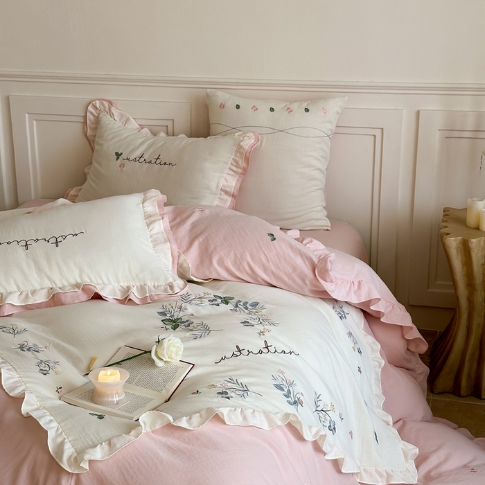 91家纺网 家纺一手货源 找家纺 西西家居 2025新款超柔有氧全棉纯棉双层纱四件套-春日浅樱 春日浅樱-粉