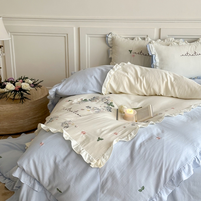 91家纺网 家纺一手货源 找家纺 西西家居 2025新款超柔有氧全棉纯棉双层纱四件套-春日浅樱 春日浅樱-兰