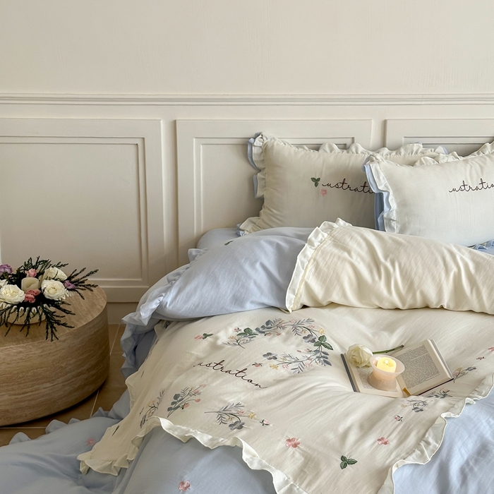 91家纺网 家纺一手货源 找家纺 西西家居 2025新款超柔有氧全棉纯棉双层纱四件套-春日浅樱 春日浅樱-兰