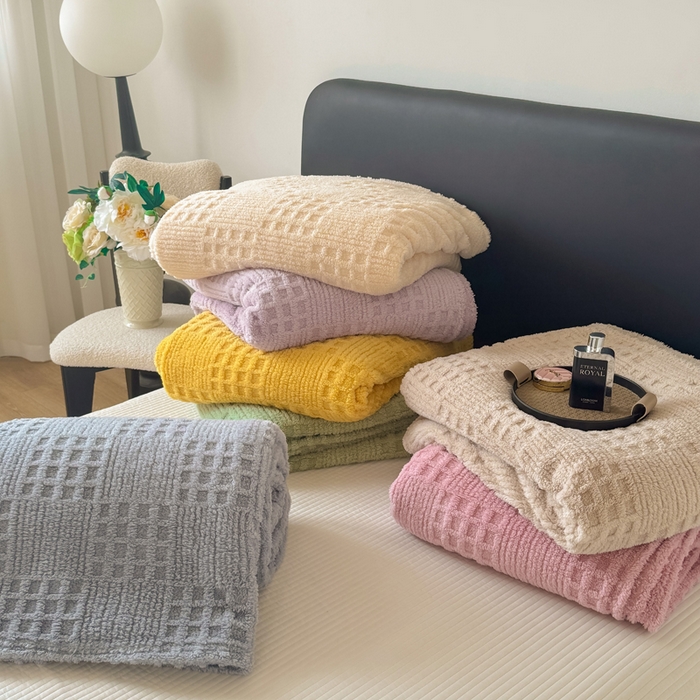 穆琪2025新款高克重华夫格舒棉绒办公家用多功能毯子几何方块塔芙绒毛毯 组合