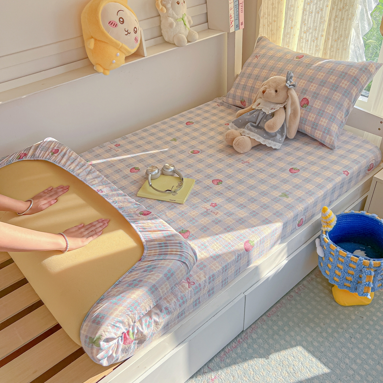 91家纺网 家纺一手货源 找家纺 （总）韩巢家纺 2025新款双层纱学生宿舍寝室床笠单件单床笠上下铺防滑床单床垫套