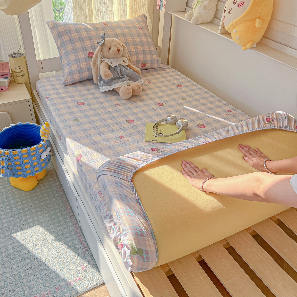 91家纺网 家纺一手货源 找家纺 （总）韩巢家纺 2025新款双层纱学生宿舍寝室床笠单件单床笠上下铺防滑床单床垫套