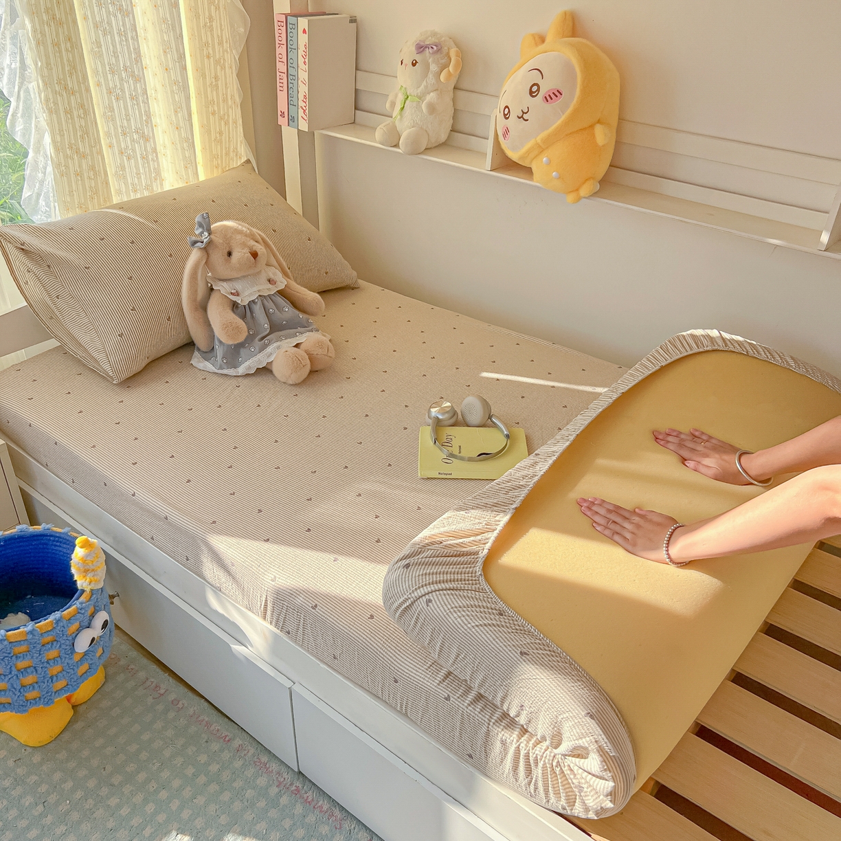 91家纺网 家纺一手货源 找家纺 （总）韩巢家纺 2025新款双层纱学生宿舍寝室床笠单件单床笠上下铺防滑床单床垫套